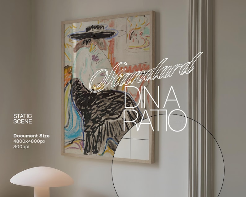 Puede incluir: Una pintura abstracta enmarcada de una persona con un sombrero, con un fondo colorido. La pintura se titula "Standard Dina Ratio".