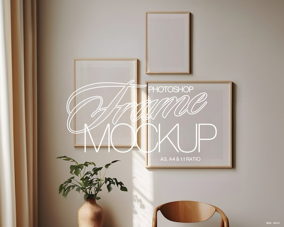 Three Frame Photoshop Gallery Wall Mockup | A3, A4 and 1x1 Frame Mockup Templates | PSD Smart Object for A Ratio and Square Art Display