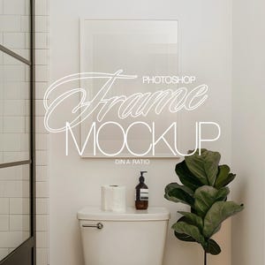 May include: A white bathroom with a toilet, a plant, and a framed picture above the toilet. The picture is a mockup of a frame with the text "Frame Mockup" written on it.