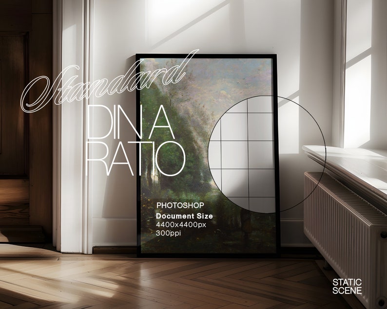 DIN A Black Photoshop Leaning Frame Mockup for Art and Prints Display A1 ISO Frame PSD Template in Sunlit Interior Scene Wall Art Mockup zdjęcie 2