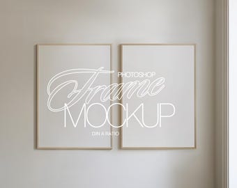 DIN A Two Frames Mockup for Art and Prints Display | Wood Frame Set of Two Art Prints PSD Mockup Template in Minimalist Interior