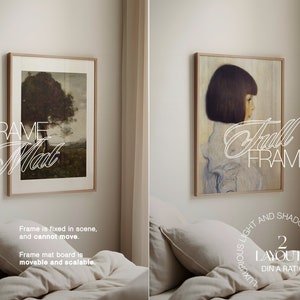 May include: Two framed artwork mockups, one with a mount and one without. The artwork with a mount features a landscape painting of a tree in a field. The artwork without a mount features a portrait of a person with short dark hair. The text "FRAME WITH Mat" is in the lower left corner of the image. The text "Full FRAME" is in the lower right corner of the image. The text "LUXURIOUS LIGHT AND SHADOWS 2 LAYOUTS DIN A RATIO" is in the lower right corner of the image.