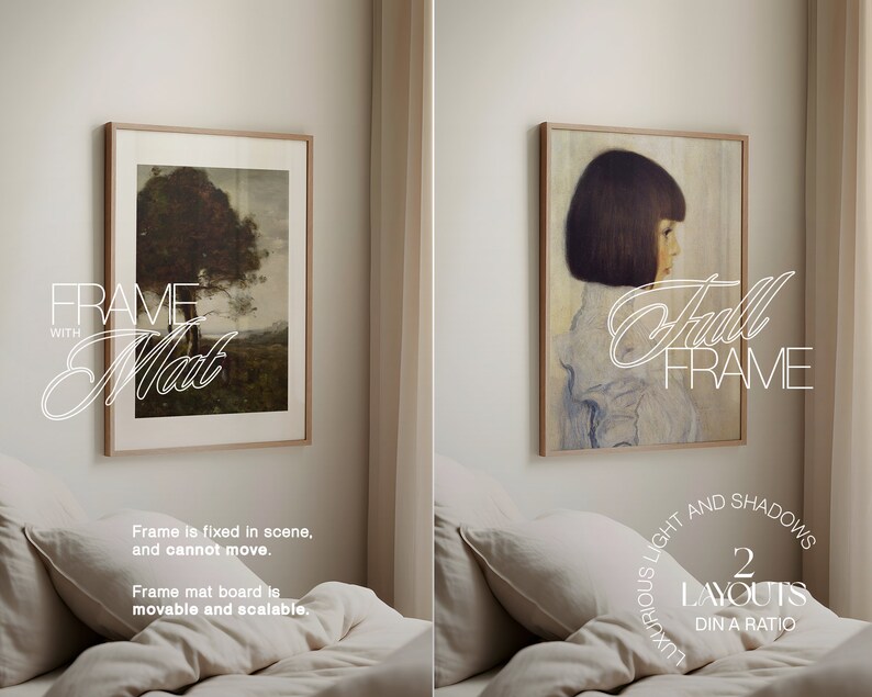 May include: Two framed artwork mockups, one with a mount and one without. The artwork with a mount features a landscape painting of a tree in a field. The artwork without a mount features a portrait of a person with short dark hair. The text "FRAME WITH Mat" is in the lower left corner of the image. The text "Full FRAME" is in the lower right corner of the image. The text "LUXURIOUS LIGHT AND SHADOWS 2 LAYOUTS DIN A RATIO" is in the lower right corner of the image.