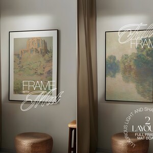 May include: Two framed art prints, one with a landscape scene and the other with a building scene. The text "FRAME WITH Mat" is on the left image and "Full FRAME" is on the right image. The text "LUXURIOUS LIGHT AND SHADOWS 2 LAYOUTS FULL FRAME & MAT BOARD" is below the right image.