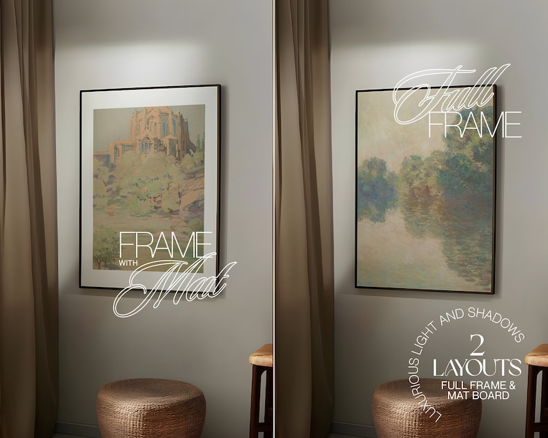 May include: Two framed art prints, one with a landscape scene and the other with a building scene. The text "FRAME WITH Mat" is on the left image and "Full FRAME" is on the right image. The text "LUXURIOUS LIGHT AND SHADOWS 2 LAYOUTS FULL FRAME & MAT BOARD" is below the right image.