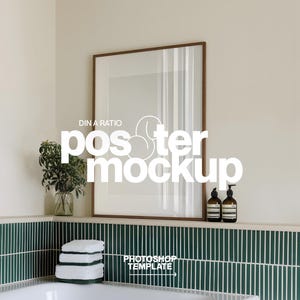 DIN A Leaning Frame Photoshop Mockup in Styled Bathroom Scene | A1 Art PSD Mockup Template for Art and Prints Display image 1