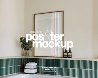 DIN A Leaning Frame Photoshop Mockup in Styled Bathroom Scene | A1 Art PSD Mockup Template for Art and Prints Display