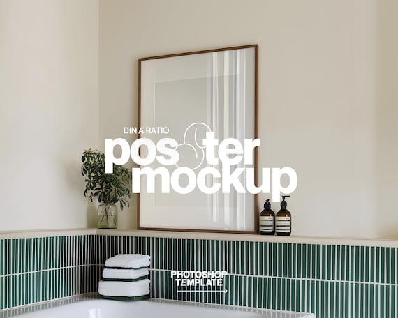 DIN A Leaning Frame Photoshop Mockup in Styled Bathroom Scene | A1 Art PSD Mockup Template for Art and Prints Display