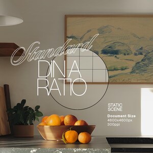 May include: A bowl of oranges on a kitchen counter. The oranges are arranged in a circle, with some of the oranges overlapping. The bowl is made of a light brown material and has a round shape. The counter is made of a dark brown material. There is a painting of a landscape on the wall behind the bowl. The painting is framed in a light brown frame. The text "Standard Dina Ratio" is written in white letters on the wall. The text "Static Scene Document Size 4600x4600px 300ppi" is written in white letters on the wall.