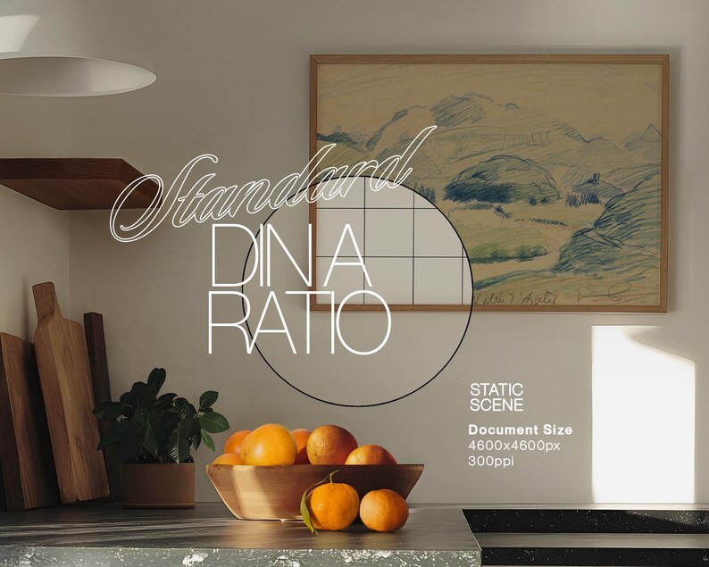 May include: A bowl of oranges on a kitchen counter. The oranges are arranged in a circle, with some of the oranges overlapping. The bowl is made of a light brown material and has a round shape. The counter is made of a dark brown material. There is a painting of a landscape on the wall behind the bowl. The painting is framed in a light brown frame. The text "Standard Dina Ratio" is written in white letters on the wall. The text "Static Scene Document Size 4600x4600px 300ppi" is written in white letters on the wall.