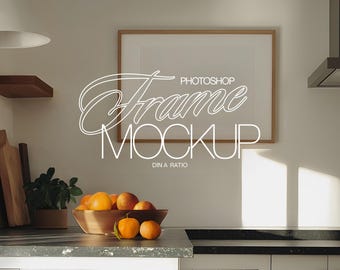 DIN A Landscape Frame Mockup Photoshop Template for Art and Prints Display | ISO A3 Frame Mockup for Wall Art in Classic Kitchen Interior