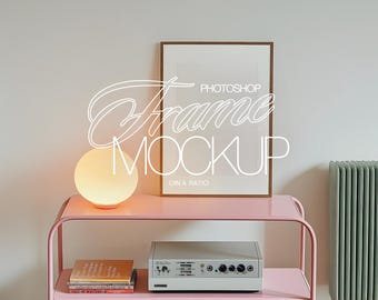 DIN A Walnut Wood Frame Mockup for Photoshop | A3 Frame PSD Mockup Template for Wall Art and Prints Display in Cute Retro Scene