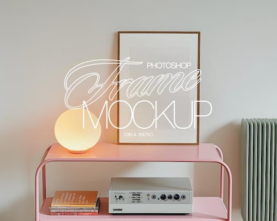 DIN A Walnut Wood Frame Mockup for Photoshop | A3 Frame PSD Mockup Template for Wall Art and Prints Display in Cute Retro Scene