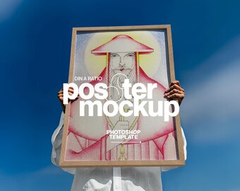 DIN A Poster Mockup for Photoshop: Vertical Wood Frame Template with Blue Sky (Digital Download)
