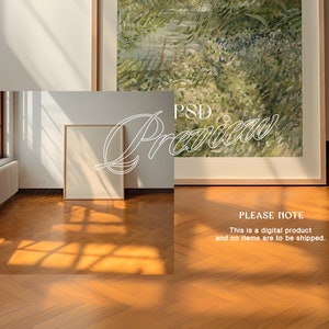 May include: A digital product preview image showing a framed painting of a forest scene with green and blue hues. The painting is on a wooden floor with sunlight streaming through a window. The text "PSD Preview" is written in white on the image. The text "PLEASE NOTE This is a digital product and no items are to be shipped." is written in black at the bottom of the image.