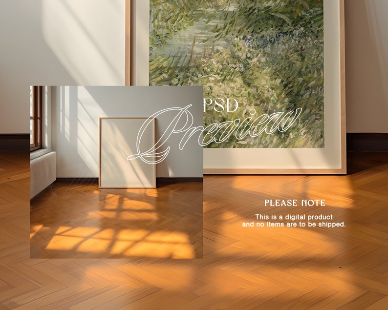 May include: A digital product preview image showing a framed painting of a forest scene with green and blue hues. The painting is on a wooden floor with sunlight streaming through a window. The text "PSD Preview" is written in white on the image. The text "PLEASE NOTE This is a digital product and no items are to be shipped." is written in black at the bottom of the image.