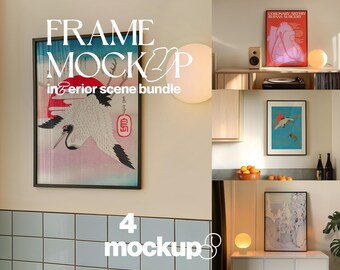 DIN A Black Frame Mockup Bundle of Four | Poster Mockups Pack in Luxurious Interior Scene | 4 x PSD Templates for Art and Prints Display