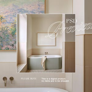 May include: A bathroom interior with a light green bathtub, a framed painting, and a white towel. The walls are a neutral color with beige tiles. The image includes the text "PSD Preview" and "PLEASE NOTE This is a digital product, no items are to be shipped."