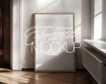 DIN A Wood Photo Frame Mockup Template for Photoshop | A2 Art Frame Mockup in Interior Scene for Poster Prints Display Moody Lit Scene