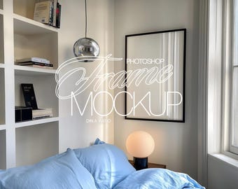DIN A Black Frame Mockup in Cosy Bedroom Scene for Photoshop | Poster Mockup for Artwork Display | Vertical Frame PSD Mockup