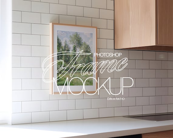 DIN A Photoshop Frame Mockup Kitchen Interior Scene for Artwork Display | ISO Frame Mockup PSD Template