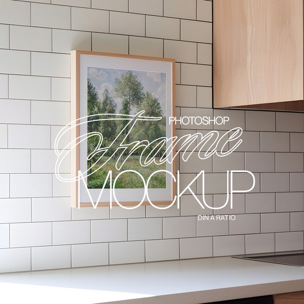 DIN A Photoshop Frame Mockup Kitchen Interior Scene for Artwork Display | ISO Frame Mockup PSD Template
