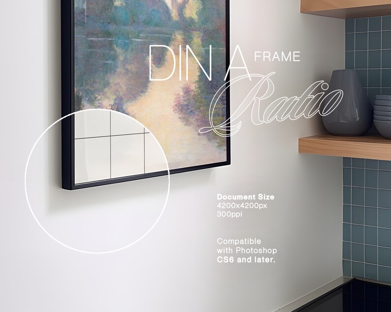 May include: A black framed painting with a watercolor-style landscape scene. The painting is hanging on a white wall with a text overlay that reads "DIN A FRAME Ratio".