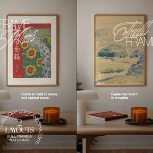 May include: Two framed images, one with a peacock and sunflowers, the other with a landscape drawing. Both frames are on a wooden table with candles and a book. The text "FRAME WITH MAT" is on the left image and "FULL FRAME" is on the right image.