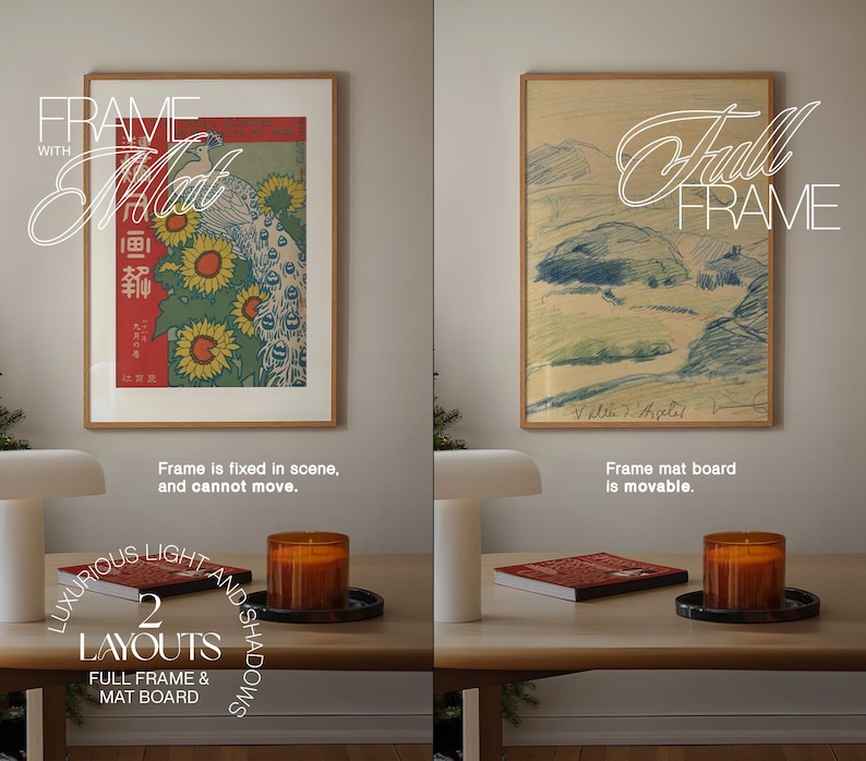 May include: Two framed images, one with a peacock and sunflowers, the other with a landscape drawing. Both frames are on a wooden table with candles and a book. The text "FRAME WITH MAT" is on the left image and "FULL FRAME" is on the right image.