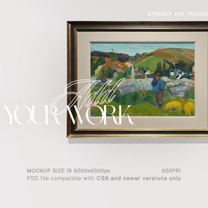 May include: A mockup of a gold framed picture with a landscape painting of a rural scene with a person standing in the foreground. The text "Add Your Work" is superimposed on the image.