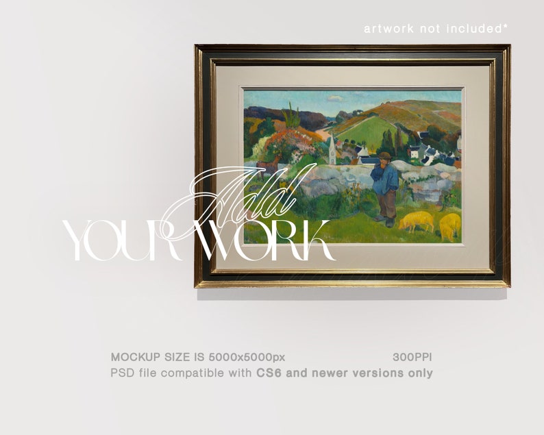 May include: A mockup of a gold framed picture with a landscape painting of a rural scene with a person standing in the foreground. The text "Add Your Work" is superimposed on the image.