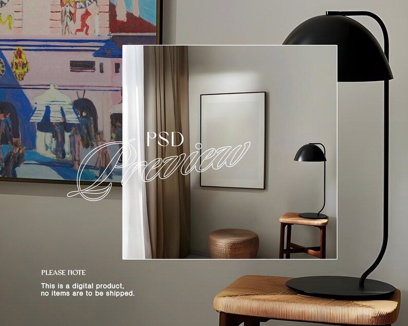 May include: A mock-up of a framed print in a modern interior design setting. The print is white and the frame is black. The room features a brown curtain, a black lamp, and a wooden stool.