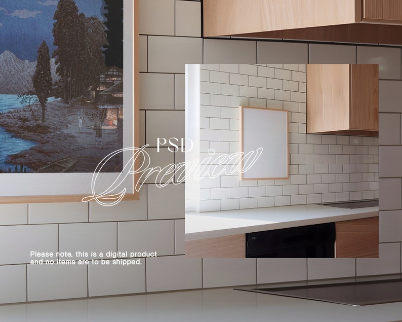 May include: A white kitchen with white subway tile backsplash, a wood cabinet, and a framed picture. The picture is blank and can be used for a mockup.