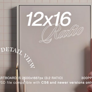 May include: A mockup of a 12x16 inch framed print with the text "12x16 Ratio" and "DETAIL VIEW" written on the frame. The print is on a light gray background. The frame is on a pink and white tiled wall. Two candles are on the right side of the frame. One candle is pink and the other is white. The text "ARTBOARD S 2500x1667px (3:2 RATIO)" and "300PPI PSD file compatible with CS6 and newer versions only" is at the bottom of the image.