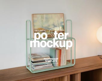 DIN A Landscape Frame Mockup: Poster on Retro Shelf Template for Photoshop (Digital Download)