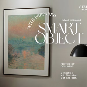 May include: A framed painting of a sunset over a river with boats. The painting is in a black frame and is hanging on a wall. The text "WITH PREPARED SMART OBJECT" is written in white on the wall. The text "PHOTOSHOP DOCUMENT" is written in black on the wall. The text "Compatible with Photoshop CS6 and later." is written in black on the wall.