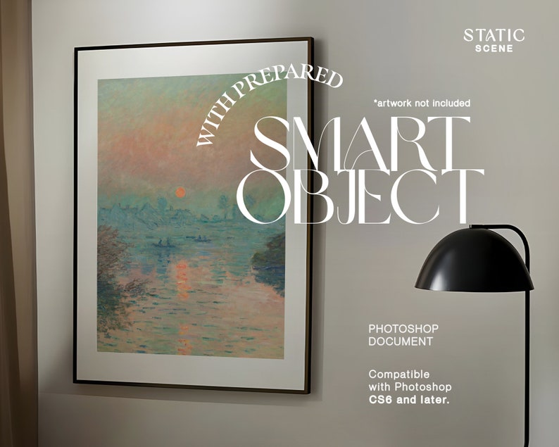 May include: A framed painting of a sunset over a river with boats. The painting is in a black frame and is hanging on a wall. The text "WITH PREPARED SMART OBJECT" is written in white on the wall. The text "PHOTOSHOP DOCUMENT" is written in black on the wall. The text "Compatible with Photoshop CS6 and later." is written in black on the wall.