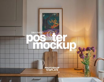 DIN A Frame Mockup: Warmly Lit Kitchen Poster Template PSD (Digital Download)