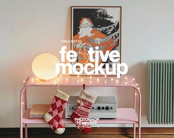 DIN A Wood Frame Mockup for Photoshop | A3 Frame PSD Mockup Template for Wall Art and Prints Display in Retro Christmas Scene