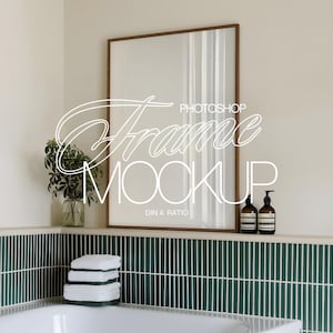 DIN A Leaning Frame Photoshop Mockup in Styled Bathroom Scene | A1 Art PSD Mockup Template for Art and Prints Display
