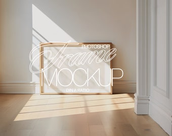 DIN A Horizontal Photoshop Frame Mockup Template for Art and Printables | A3 Leaning Frame PSD Mockup | ISO Frame Mockup