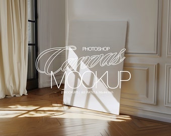 May include: A white canvas mockup leaning against a white wall with wood paneling. The canvas is 36x44 inches and is in a room with a wooden floor and a white curtain.