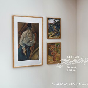 May include: Three framed artworks hanging on a white wall. The largest artwork shows a seated figure wearing a top hat. The other two depict a landscape and a vase of flowers. Text on the wall reads "SET FOR Photoshop Desktop edition".