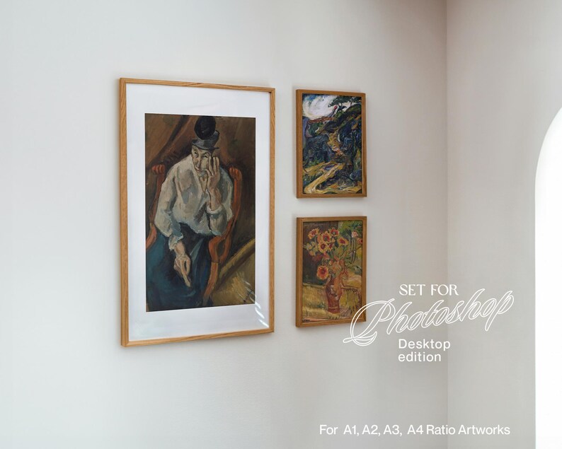 May include: Three framed artworks hanging on a white wall. The largest artwork shows a seated figure wearing a top hat. The other two depict a landscape and a vase of flowers. Text on the wall reads "SET FOR Photoshop Desktop edition".