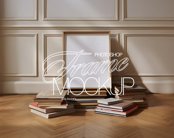 May include: A wooden frame mockup with a white background, sitting on a wooden floor with a stack of books in front of it. The text "PHOTOSHOP FRAME MOCKUP 4x5 RATIO" is visible on the frame.