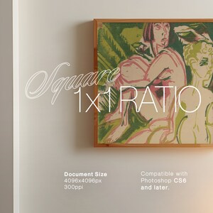 May include: A framed painting of two figures in a stylized, abstract style. The figures are nude and are depicted in a dynamic pose. The painting is set against a background of green and pink hues. The frame is made of wood and has a light brown finish. The text "Square 1x1 Ratio" is visible below the painting. The document size is 4096x4096 pixels at 300ppi. Compatible with Photoshop CS6 and later.