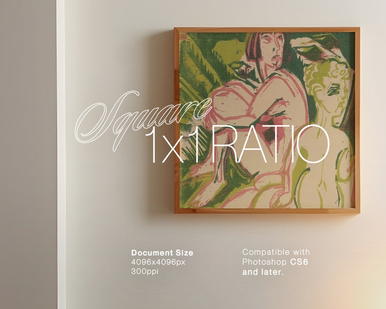 May include: A framed painting of two figures in a stylized, abstract style. The figures are nude and are depicted in a dynamic pose. The painting is set against a background of green and pink hues. The frame is made of wood and has a light brown finish. The text "Square 1x1 Ratio" is visible below the painting. The document size is 4096x4096 pixels at 300ppi. Compatible with Photoshop CS6 and later.