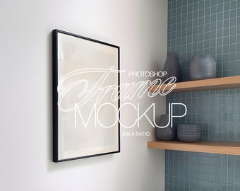 DIN A Photoshop Frame Mockup Kitchen Interior | A3 Wall Art PSD Mockup for Art and Prints in Retro Blue Tiled Kitchen