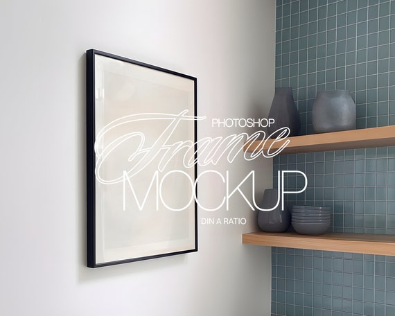 DIN A Photoshop Frame Mockup Kitchen Interior | A3 Wall Art PSD Mockup for Art and Prints in Retro Blue Tiled Kitchen