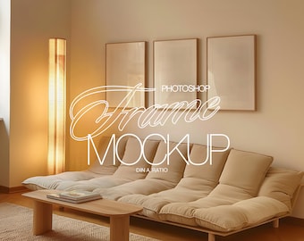 May include: Three framed pictures hanging on a beige wall above a light brown sofa with multiple cushions. The sofa is in a living room with a wooden coffee table and a tall floor lamp.